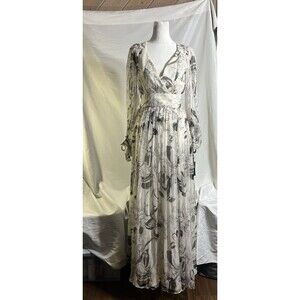 ZARA Basic Dress Woman's S Maxi White w/ Black Floral Print Long Sleeve Silk NWT
